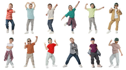 Obraz premium Happy children dancing on white background, collage