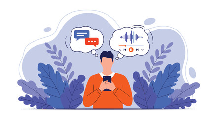 Fototapeta premium Modern man using phone for audio messages and text communication surrounded by whimsical foliage in a contemporary design, perfect for digital connection