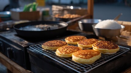 Delicious Coconut Pancakes Grilled to Perfection at a Food Stall in Vibrant Street Scene in Thailand