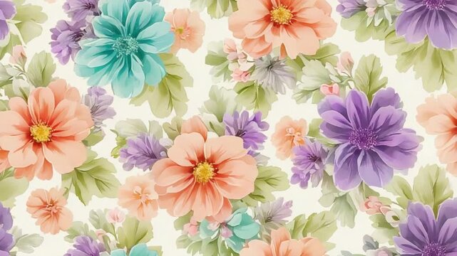 Watercolor floral pattern with peach, purple, and blue flowers on a white background design style seamless patterns backgrounds video
