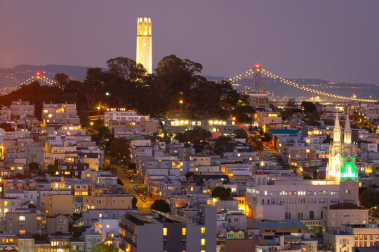 Night View of Coit Tower and City in San Francisco, California - Powered by Adobe