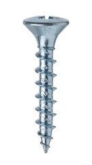 A close-up studio shot of a single, shiny, metal wood screw