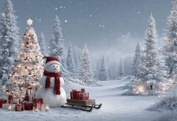 Fototapeta premium A Magical Winter Wonderland with a Festive Snowman, Christmas Tree, and Glimmering Holiday Decorations in a Serene Snowy Landscape