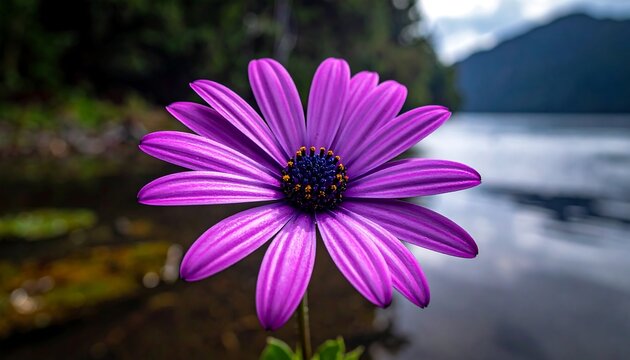 A close-up view of a bright purple daisy with yellow center, water backdrop