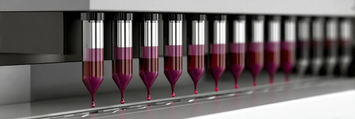 Advanced laboratory apparatus is dispensing colorful liquid samples in a controlled environment, showcasing precision in scientific testing and experimentation.