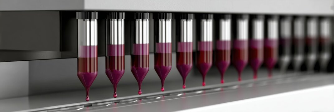 Advanced laboratory apparatus is dispensing colorful liquid samples in a controlled environment, showcasing precision in scientific testing and experimentation.