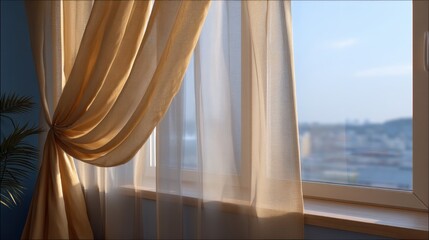 Sheer Transparent Fabric Drapes Gently Moving Inward by a Sunlit Window in a Cozy Room