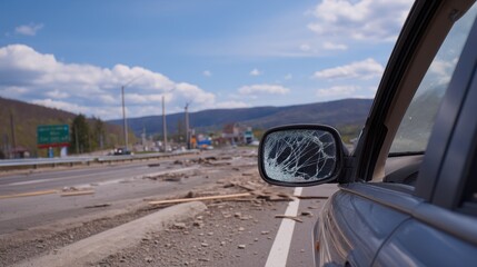 Shattered Side Mirror on a Bent Road with Debris Under a Blue Sky