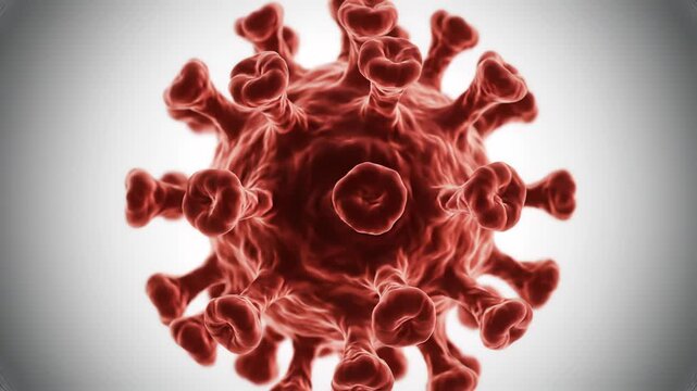 Microscopic view of a spherical pathogen with numerous club-shaped protrusions. Realistic render of a virus or bacteria against a clean, bright background.