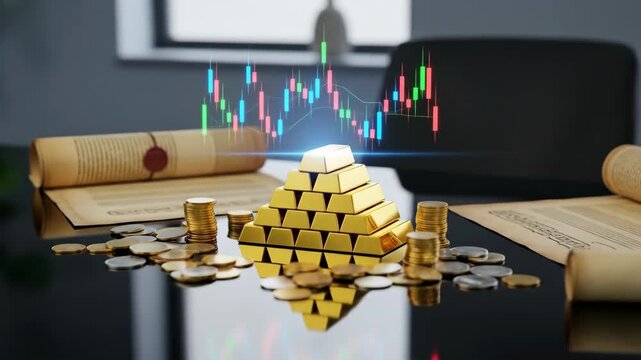 Financial assets Gold bars and coins with scrolls and charts, representing wealth and investments