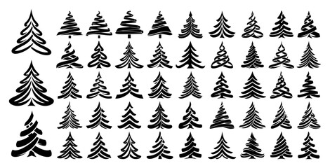 Set of hand drawn Christmas tree icons. Abstract brush stroke and calligraphy style fir tree silhouettes. Modern and simple winter holiday symbols collection vector graphic elements.
