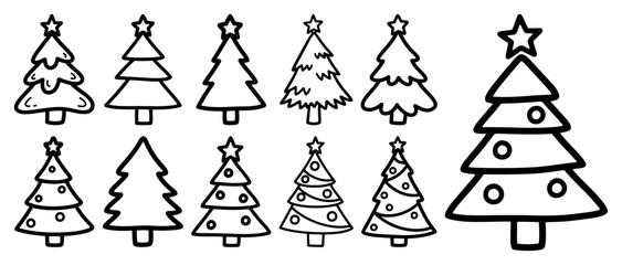 Cute collection of Christmas tree doodles. Set of hand drawn cartoon fir trees with stars. Simple outline holiday vector illustrations for kids. Festive winter graphic elements.
