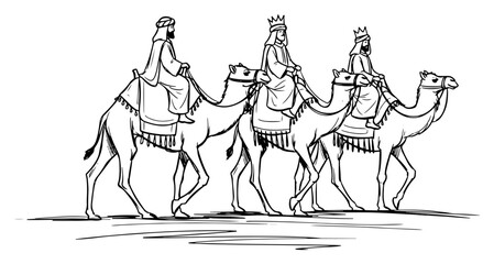 Hand drawn illustration of the Three Wise Men riding camels. Vector sketch of Biblical magi kings on a journey for the Christmas nativity scene. © Tomas