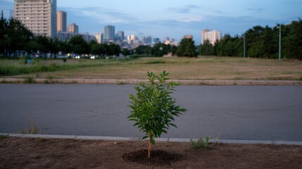 Single Young Sapling Growing in an Open Park Area Surrounded by City Skyline at Dusk