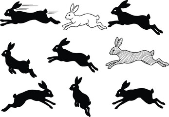 Jumping rabbit silhouettes in dynamic poses, black and white vector illustration showcasing motion, animal behavior, cartoon style, and playful design