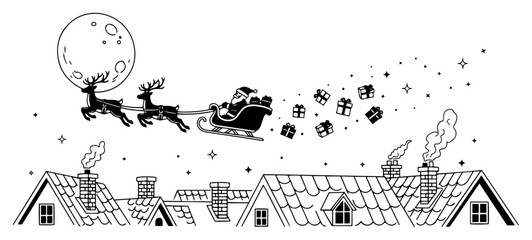 Santa Claus with reindeers in a sleigh flying over city rooftops at night. Hand drawn vector illustration of a Christmas scene with presents.