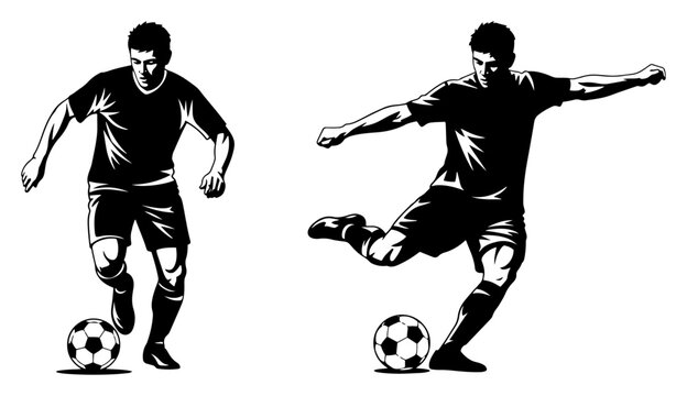 Soccer player vector silhouette set. Football player kicking and dribbling the ball. Isolated sport athlete icon or logo element for your design.