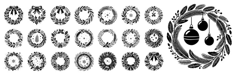Christmas wreath vector icon set. Big collection of holiday floral circle frames and borders. Winter decoration elements.