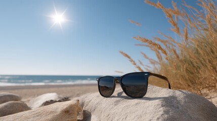 Stylish Sunglasses on a Rock by the Beach with Bright Sunlight and Reflective Lenses