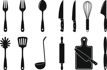 Kitchen utensil silhouette vector set with fork, spoon, knife, cleaver, whisk, spatula, rolling pin, cutting board, cooking tools illustration