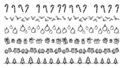 Collection of seamless Christmas borders. Set of hand drawn festive doodle dividers with candy canes holly baubles gifts mittens and trees. Holiday pattern brushes vector illustration.