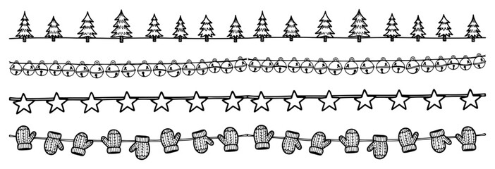 Fototapeta premium Set of hand drawn Christmas garland borders. Vector sketch collection of seamless festive dividers with trees bells stars and mittens.