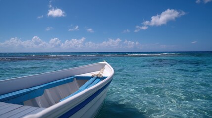 Naklejka premium Small Motorboat Gliding Across Clear Water Under Bright Blue Sky on Serene Day