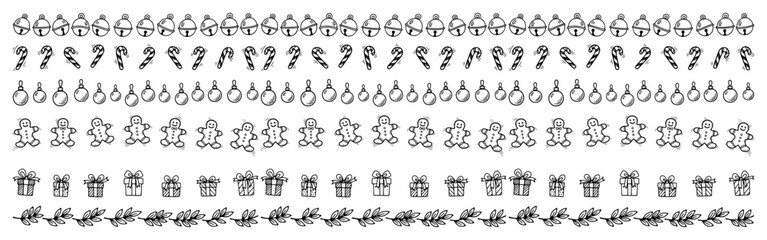 Collection of seamless Christmas borders in doodle style. Vector hand drawn set of festive garlands with bells candy canes and gifts.