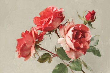 Fototapeta premium digital painting of red rose bouquet, pastel beige background, elegant minimal romantic floral art