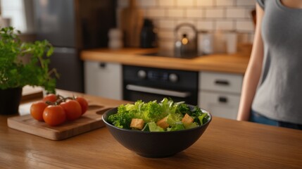 Bowl of Healthy Salad on Wooden Kitchen Counter