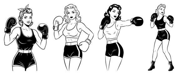 Set of vintage style female boxers. Vector collection of strong and beautiful retro pinup girls in boxing gloves and sportswear.