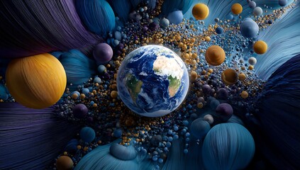 Global Interconnectedness Conceptual Artwork: Spheres, Colors, and Earth Abstraction with Complex Interlacing Texture for Technology and Worldwide Communication