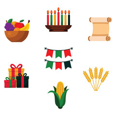 Colorful Kwanzaa Icons Collection Vector Design With Fruits Candelabra Unity Cup Gifts Harvest Wheat Ear Of Corn Drum And Banner For Celebration