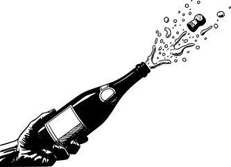 Sketch Champagne bottle popping silhouettes isolated