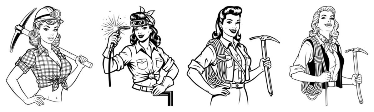Set of retro pin-up working women illustrations. Vintage female worker and adventurer characters miner welder and climber vector collection.