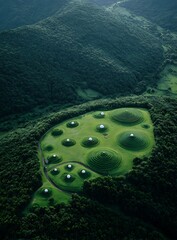 Aerial View of Green Mound Landscape in Forest Tranquil Nature Scenery of Circular Landforms Serene Greenery and Lush Trees in Peaceful Outdoor Environment