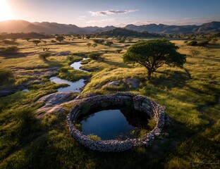 African Savanna Landscape Waterhole Tranquil Wildlife Conservation Arid Environment Rural Scenery Dry Season Reflection Stillness Nature Beauty Ecotourism Destination