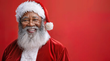 A smiling Santa Claus, with a vibrant red background, the perfect image to spread holiday cheer