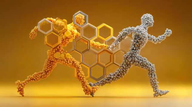 Dynamic running figures crafted in a striking abstract style, capturing the essence of movement and energy