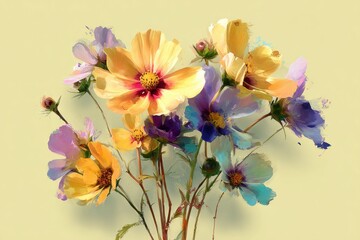 digital painting of wildflower bouquet with mixed colors, pastel soft yellow background, minimal cheerful floral art