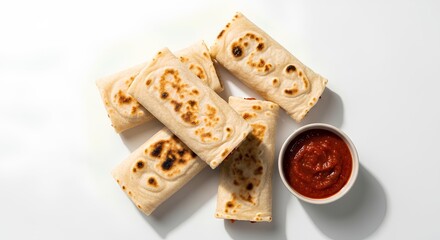 Flatbread rolls with sauce dip Qatari style, white background, soft light, clean composition.