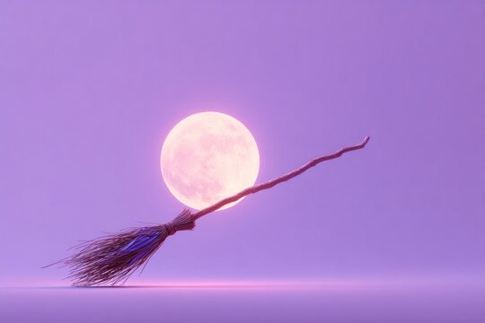 digital painting of witch broom leaning against glowing neon moon, pastel purple background, minimal halloween poster