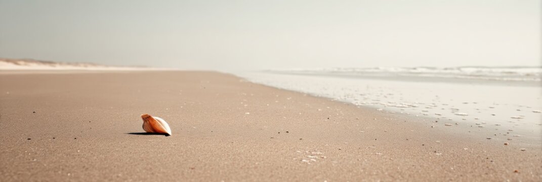 A seashell lies alone on a smooth sandy beach, with gentle waves lapping at the shore under a hazy sky during midday.