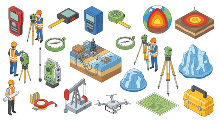 Isometric illustration featuring surveyors using surveying equipment, geological cross-sections, oil extraction, and related tools.