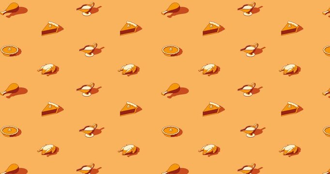 Thanksgiving dinner themed isometric pattern loop animation on orange background
