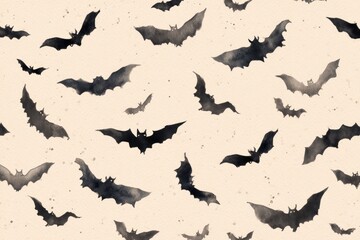 Fototapeta premium watercolor illustration of bats flying in simple scattered pattern, pastel cream background, minimal halloween element