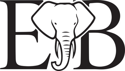 Minimalist EB elephant silhouette logo – black-and-white design of elephant head, trunk, and tusks fused with serif letters “E” and “B” for branding, initials, and wildlife-themed identity.
