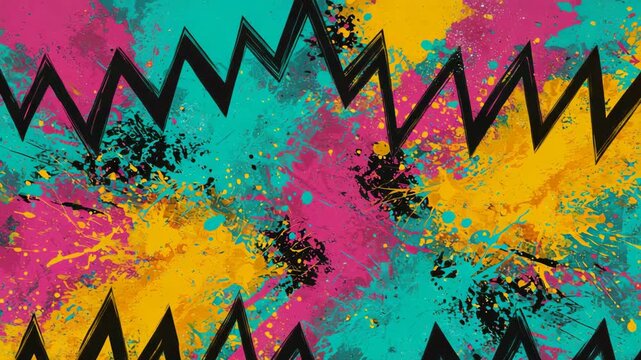 Vivid abstract graffiti pattern with colorful paint splashes and zigzag lines