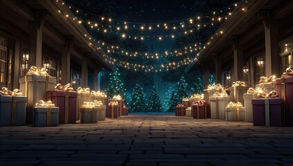 Obraz premium Festive Christmas Market Pathway Lined With Numerous Gift Boxes And Twinkling Lights In A Dark Evening Scene