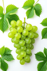 Obraz premium Fresh green grapes with vibrant vine leaves on a clean white background, viewed from above, showcasing healthy, ripe fruit